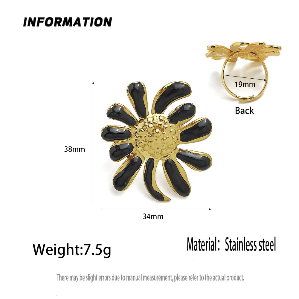 Fashionable sunflower enamel stainless steel open ring, waterproof and non-fading heavy metal ring, gift for wife
