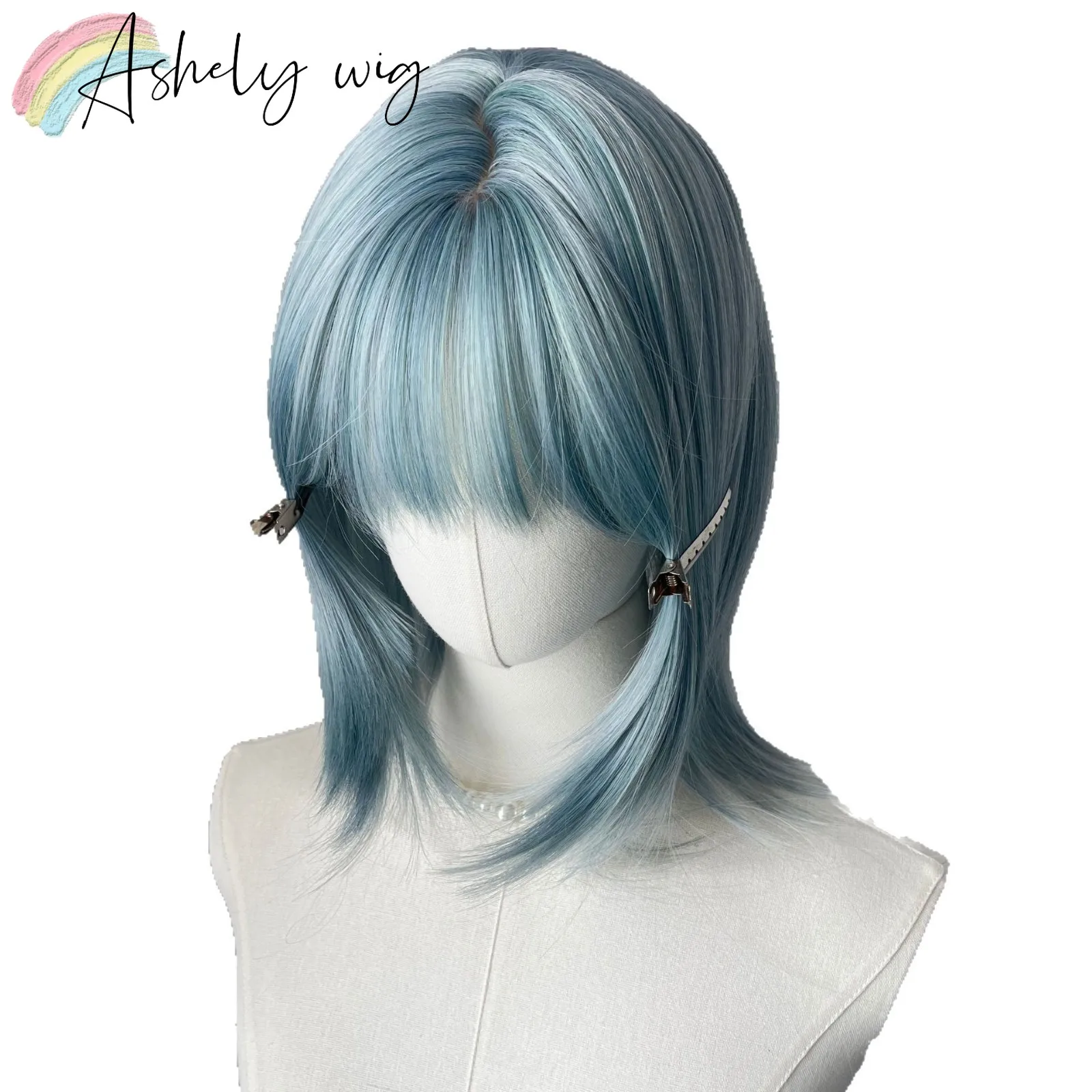 Misty Blue The Wig Features A Mullet Hairstyle Wolf Tail Hairstyle Straight Bangs Collarbone Hair Wig Natural Grayish-blue Color