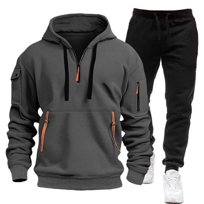 

Autumn Winter Fashion Trend Men Hooded Clothes Pants Sweatshirt Zipper Casual Clothing Fleece Thickened Sportswear 2 Pieces Set