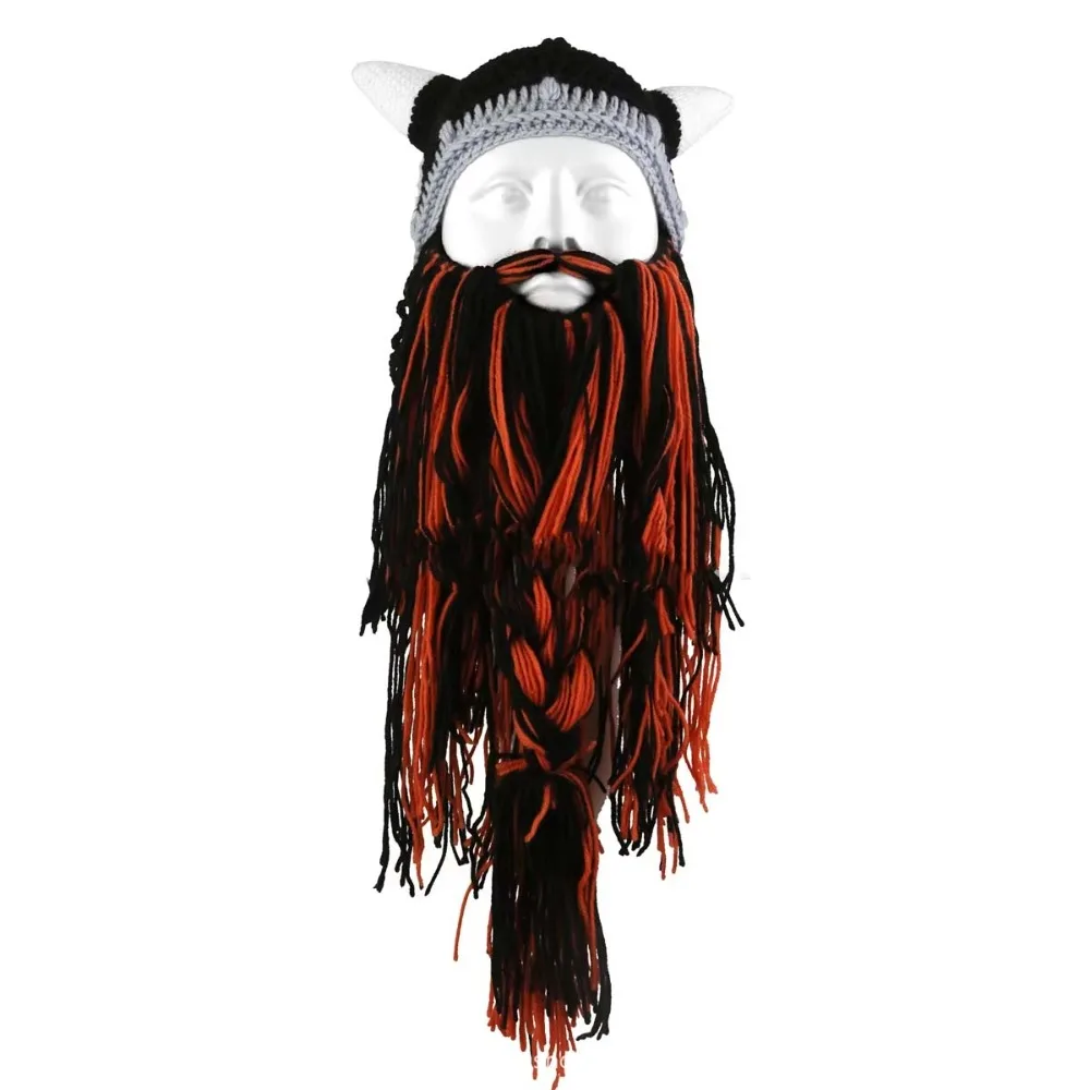 Horn Hat Wig Beard Hats Handmade Knit Removable Viking Beard Beanie Halloween Cap Winter Warm Big Beard Mask Hat Christmas Party