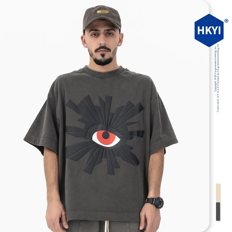 

Men's 2024 Spring/Summer New Product Heavy Weight 300g Full Sight Eye Trendy Brand Retro High Street Short sleeved T-shirt