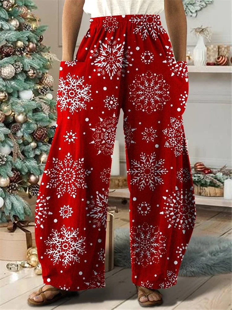 

Red Christmas Snow Full Length Wide Leg Pants Printed Thin Hipster Trousers Fashion Summer Streetwear Sweatpant Women Clothing