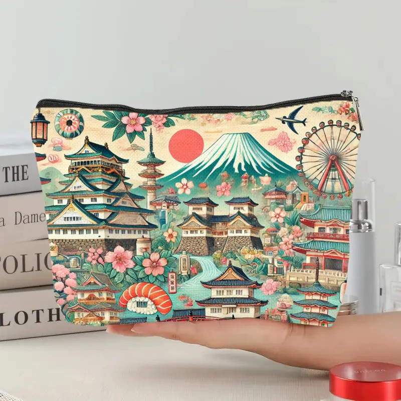 

1pc Japanese Culture & Scenery Linen Makeup Bag - Lightweight Cosmetic Pouch with Zipper, Double-Sided Print Storage bag