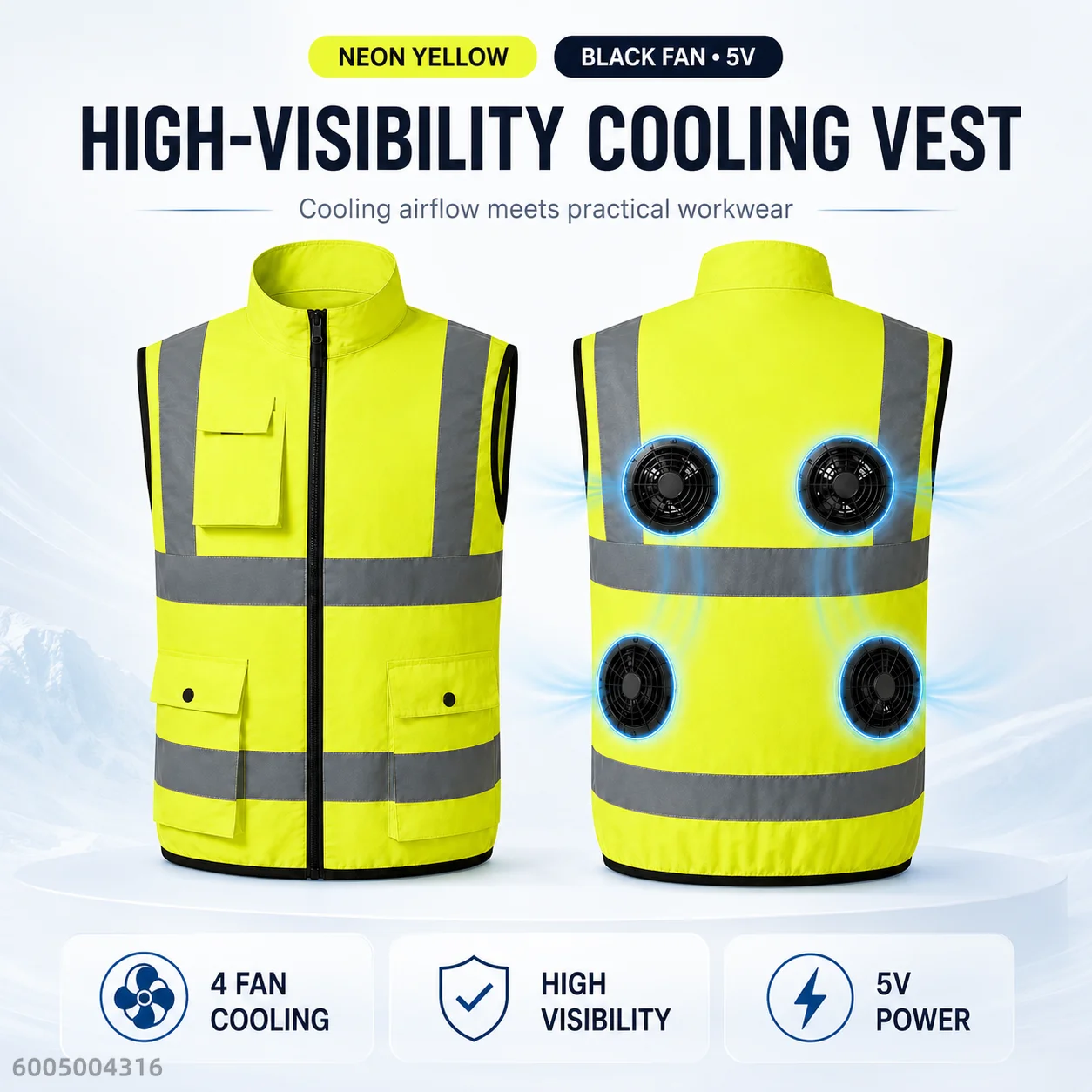 Men's 5V 2/4-Fan High Visibility Cooling Safety Vest Reflective Breathable Workwear for Construction Road Work Outdoor Jobs