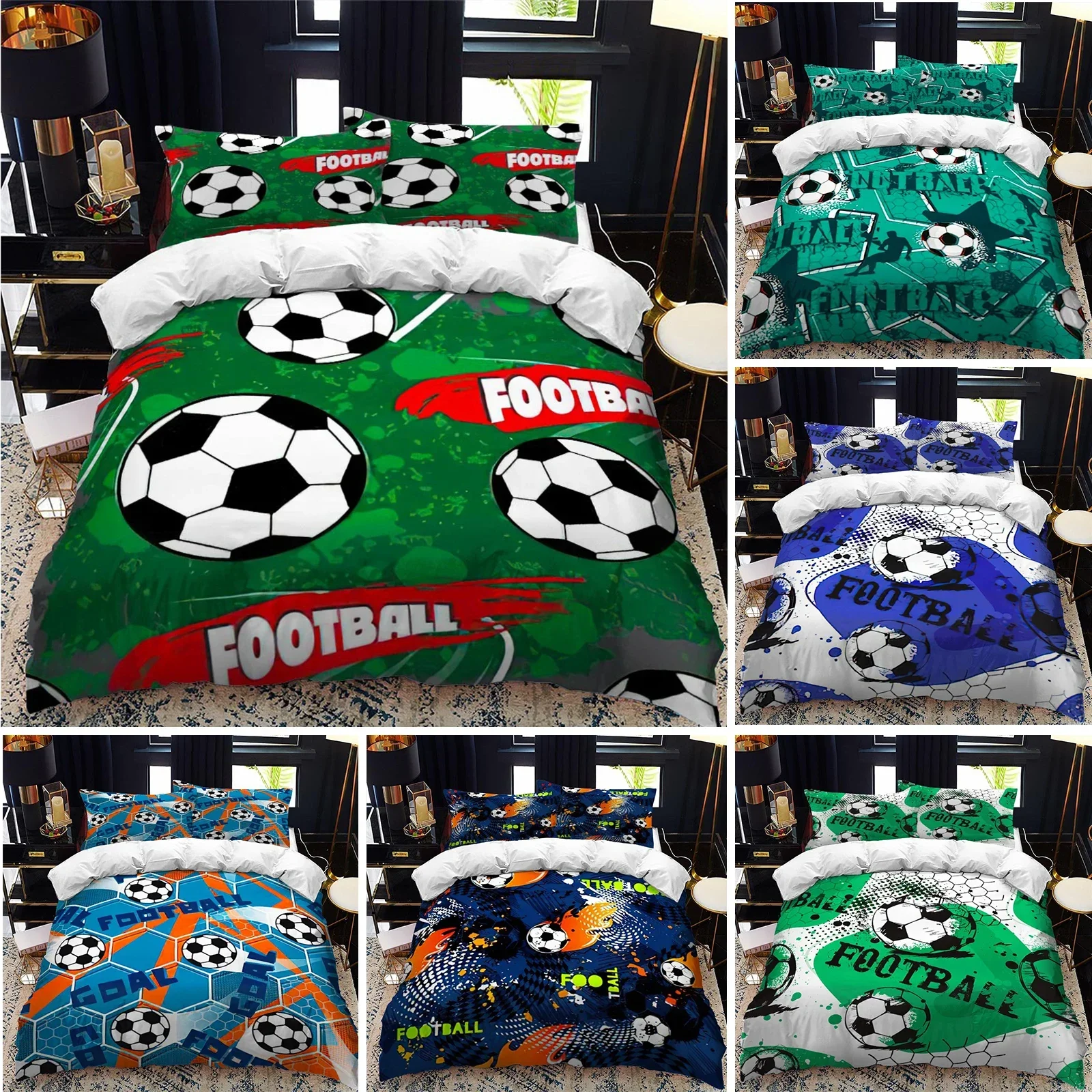 Soccer Duvet Cover Set 2/3pcs FootBall Print Bedding Set with Comforter Cover and Pillowcases Ball Theme for Kids Teens Adults