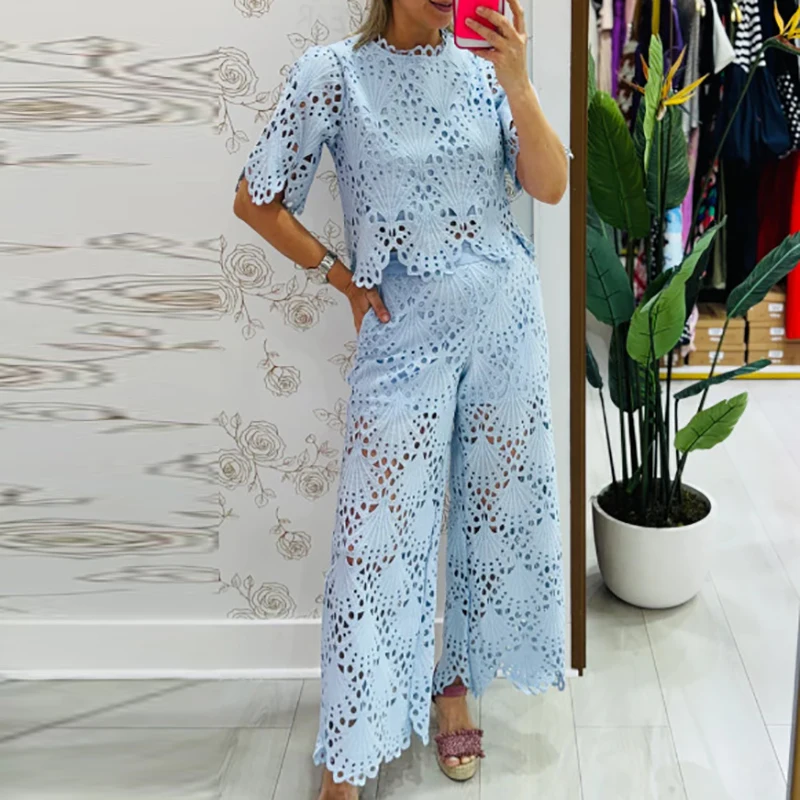 

Trendy Jacquard Suit Summer Lace Embroidery Ruffle Crochet Outfits Women Hollow Out O Neck Half Sleeve Top & Wide Leg Pants Sets
