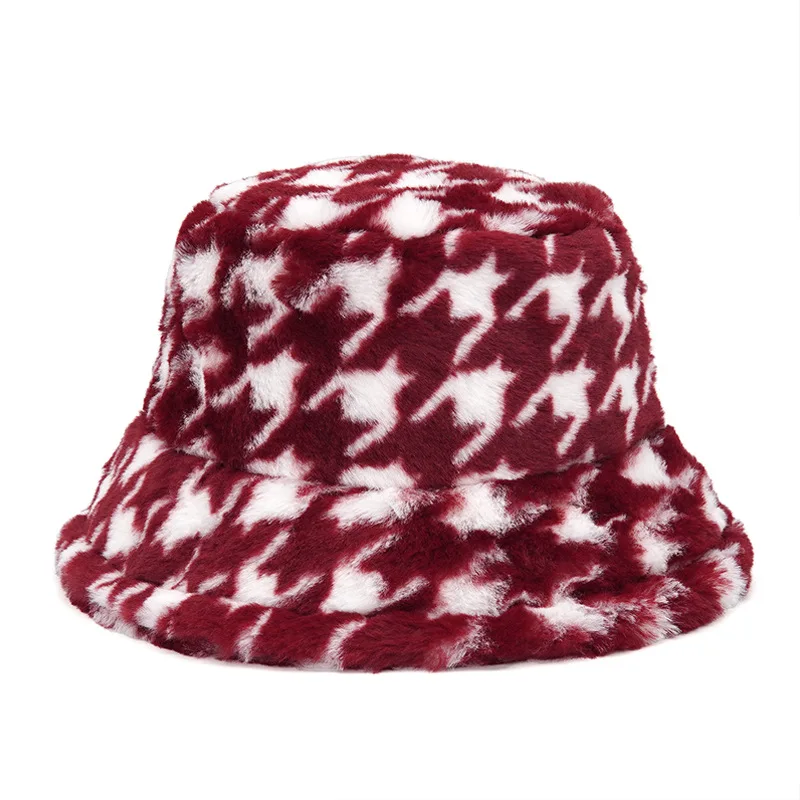 Luxury Winter Outdoor Vacation Fisherman Hat Women Houndstooth PanamaThickened Soft Warm Fishing Cap Faux Fur Rabbit Bucket Hat