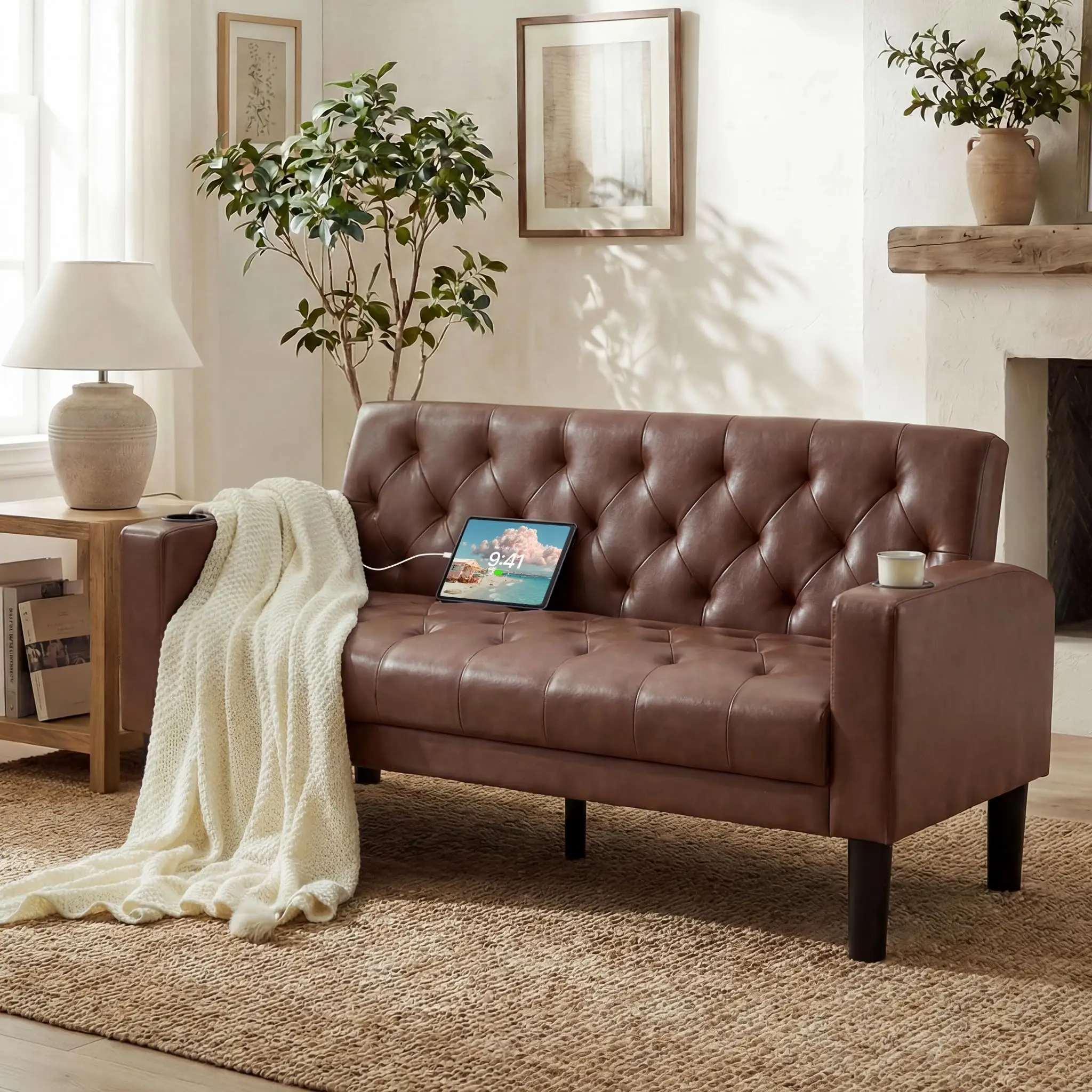 62'' Brown Leather Loveseat, Small Couch with USB for Living Room | Small Sofa, Love Seat Couch, Mid-Century Modern