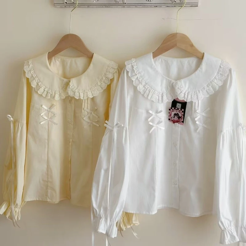 ديبتاون النمط الياباني Kawaii قمصان النساء الحلو القوس الأبيض لوليتا كشكش البلوزات خمر نمط Preppy الأصفر قميص طويل الأكمام