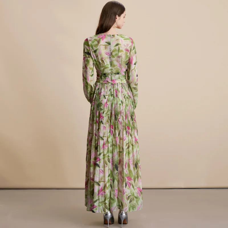 تنورة طويلة من Ele V-Ne مطبوعة بالورود Dr للتخسيس بخصر عالٍ، تنورة طويلة من نسيج البوليستر على الشارع Sve Maxi Dr للنساء