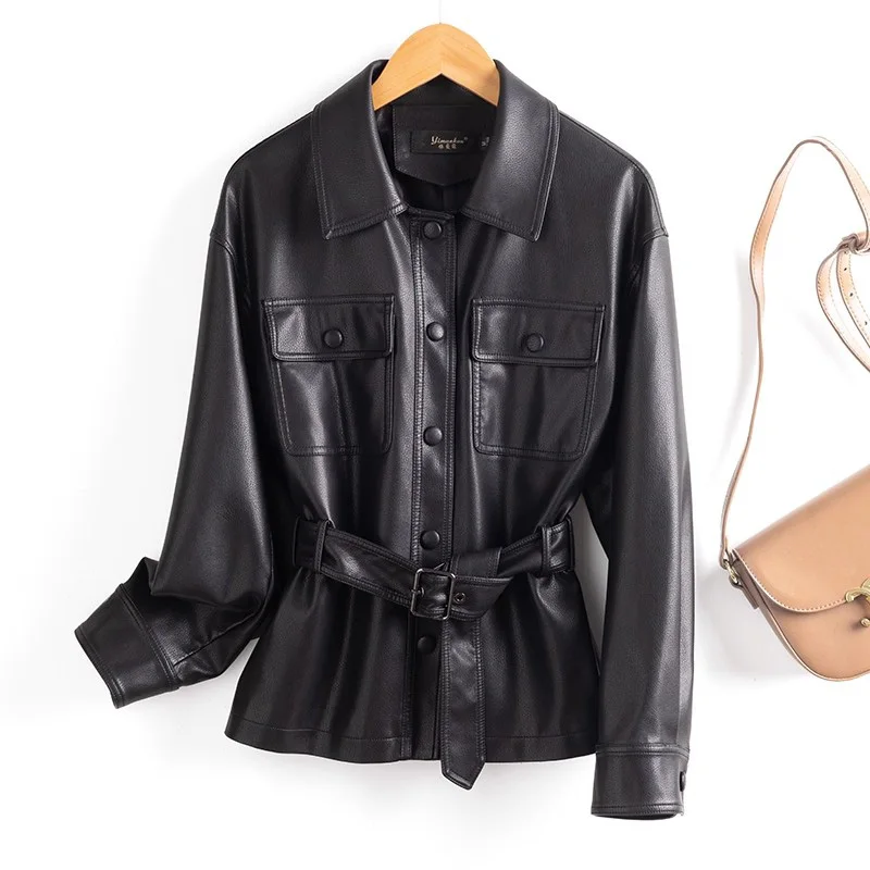 New Women Slim Waist With Belt Split Leather Jacket Spring Autumn Fashion Single Breasted Long Sleeve Casual Jacket Female Coat