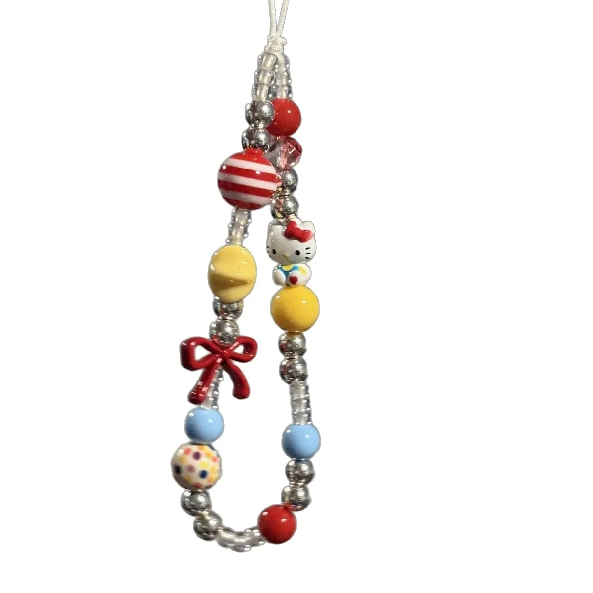 Kawaii Cartoon-Kätzchen Handyband, Mehrfarbiger Handgefertigter Perlenriemen mit Schleifenanhängern, Niedlicher Taschen-Schlüsselanhänger Geschenk – Detail 5