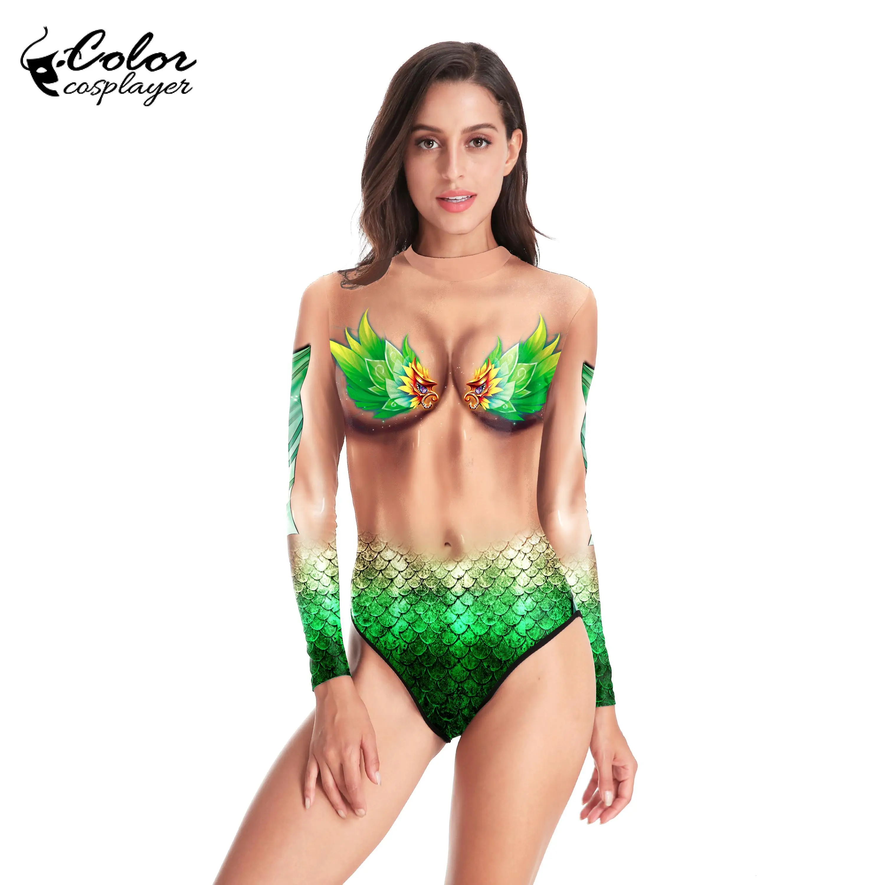 Kleur Cosplayer Vrouwen Zeemeermin Jumpsuit Print Bodysuit Lange Mouwen Sexy Bodysuits Spandex Catsuit Cosplay Kostuums Zentai Pak