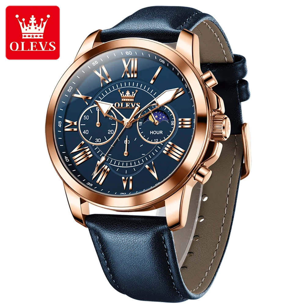 OLEVS 3632 Original fashion Men's Watches Luxury Waterproof Leather Strap Moon phase Quartz Luminous Man Watch 45.5MM Big Dial