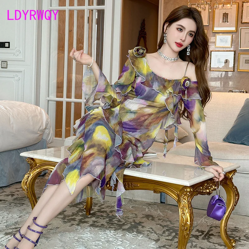 2024 Summer New Women's Fashion French Sexy Off the Shoulder Ruffle Edge Flesh Covering Irregular Beach Dress