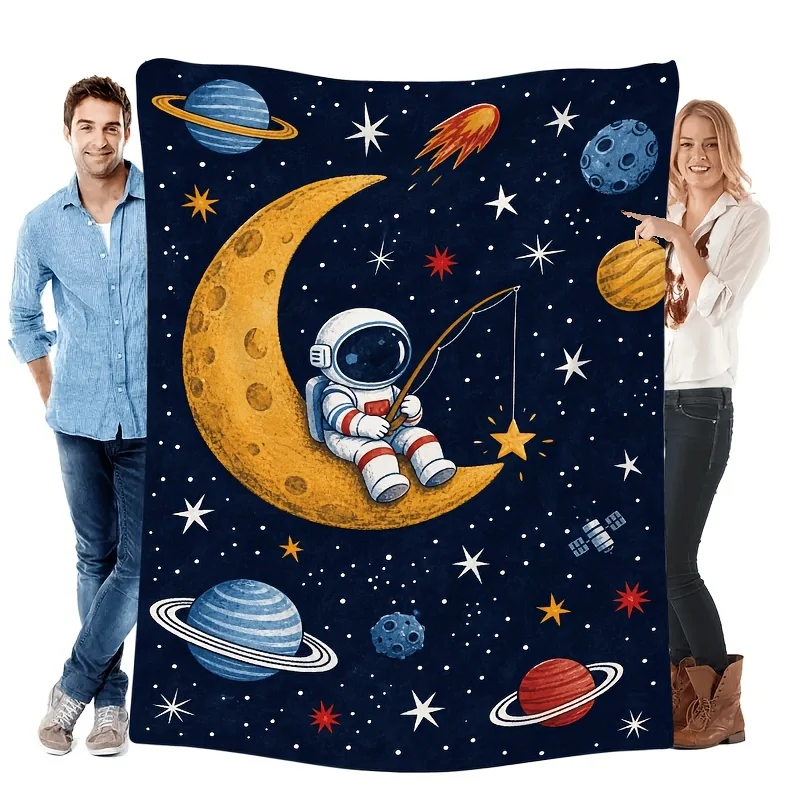 Astronaut Planet Universe Throw Blanket, Space Rocket Galaxy Printed Soft Warm Flannel Blanket for Sofa Bedroom