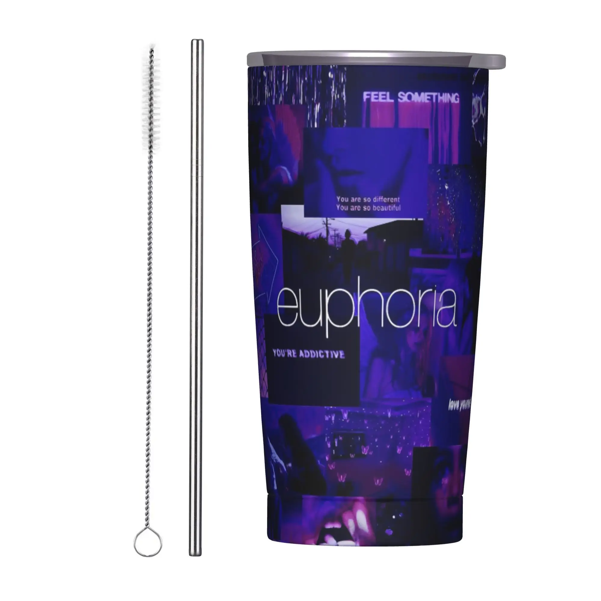Euphorias Saison 3 – Tasse isotherme sous vide avec couvercle et paille, double paroi, pour boissons chaudes et froides, 20 oz