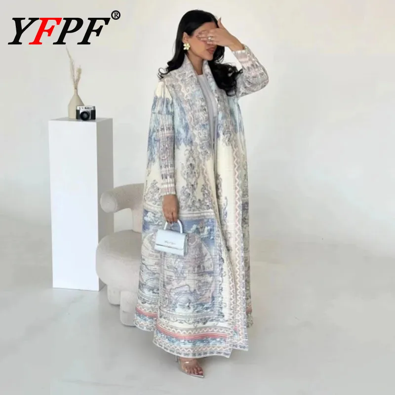 

YFPF Vintage Print Miyake Pleated Fashion Trench Coat Women Y2K Loose Contrast Color Jacket High Street 2025 New Clothing 3A112
