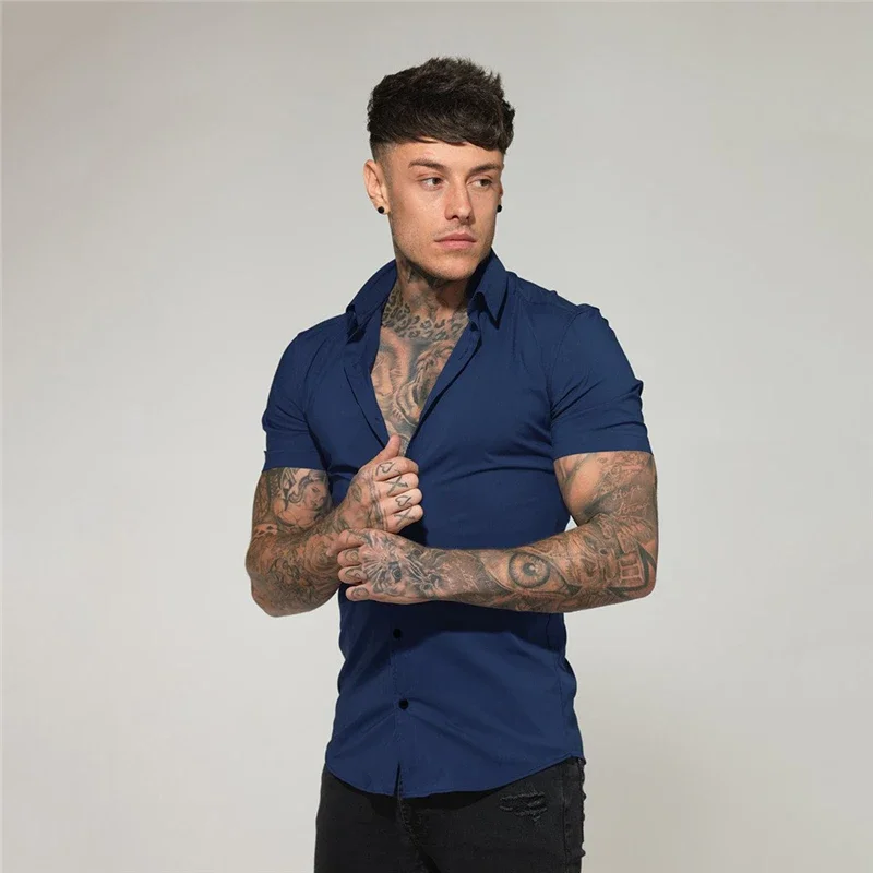 Summer Fashion Slim Fit Button Short Sleeve Shirts Men Casual Sportswear Dress Shirt Male Hipster Shirts Tops Fitness Clothing