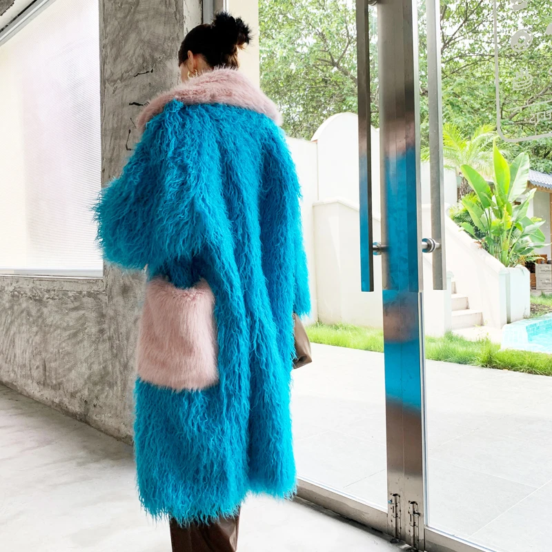 Original Design Blue Faux Fur Coat Female Fashion Baggy Lapel Long Jacket Lady Shaggy Outerwear Women\'s Winter Coats Promotion