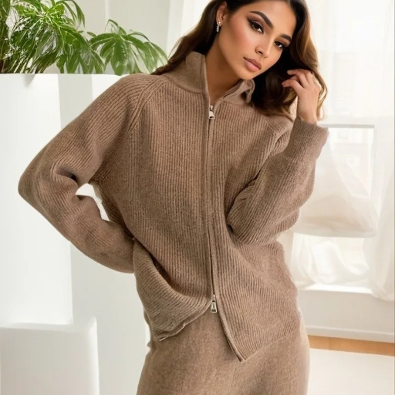 New Women\'s Autumn Winter Thick Fashion Simple Knitted Suit Women\'s Zipper Lapel Sweater Cardigan Wide Leg Pants Two-piece Set