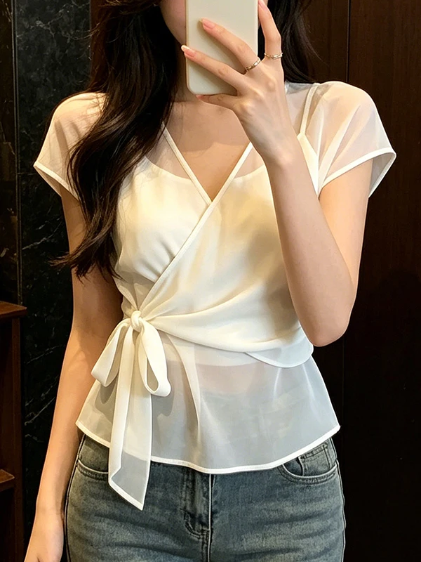 

Slimming Effect Summer New Korean Style Casual Simple Waist-Cinching Women's Shirt Fashionable Casual V-neck Short Sleeve Top