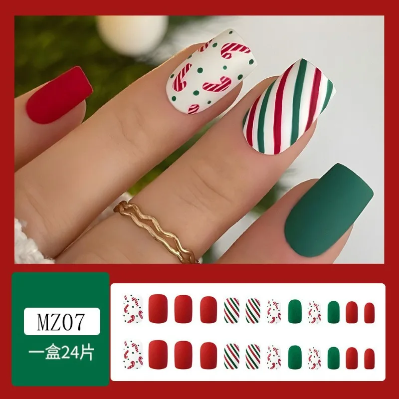 24pcs Christmas Frosted Colorful Stripes Red Green Press on Nails To Stick on False Nail Fake Nails with Design Short Medium