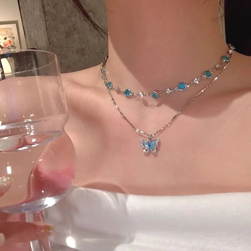 

Romantic Blue Crystal Butterfly Necklace for Women Girls Double Layer Shiny Zircon Clavicle Chain Elegant Banquet Jewelry Gifts