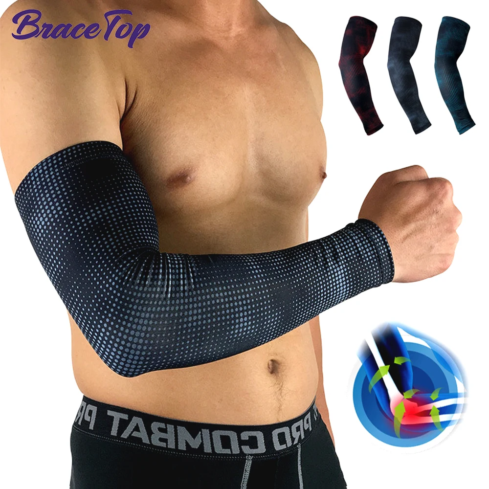 BraceTop 1 PC Outdoor Sport Working UV Protection Arm Sleeve Anti-Slip Elbow Cover Compression Ice Silk Cooling Athletic Sleeves