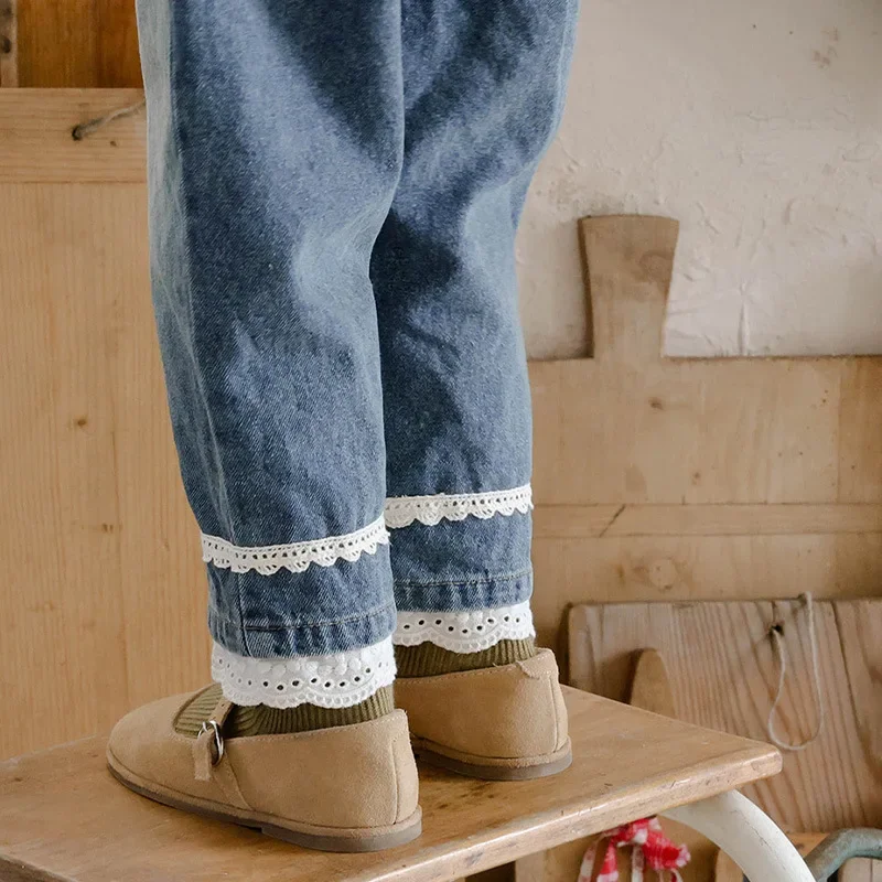 

Girls Denim Pants 2025 Spring Autumn New Korean Children Girls Elegant Lace Loose Casual Radish Jeans