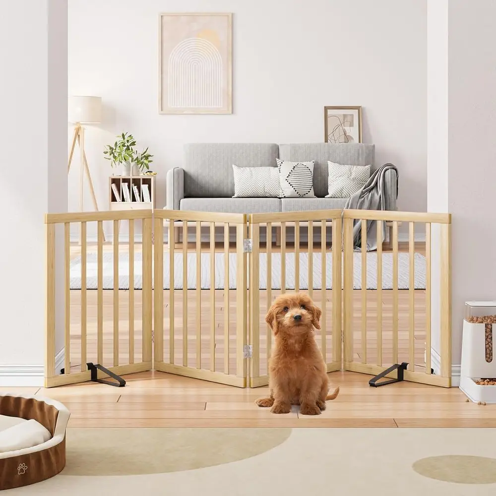 

Solid Bamboo Pet Gate, 24 Tall, 4-Panel, Freestanding for Stairs and Doorways - Natural, Fully Assembled Indoor Safety