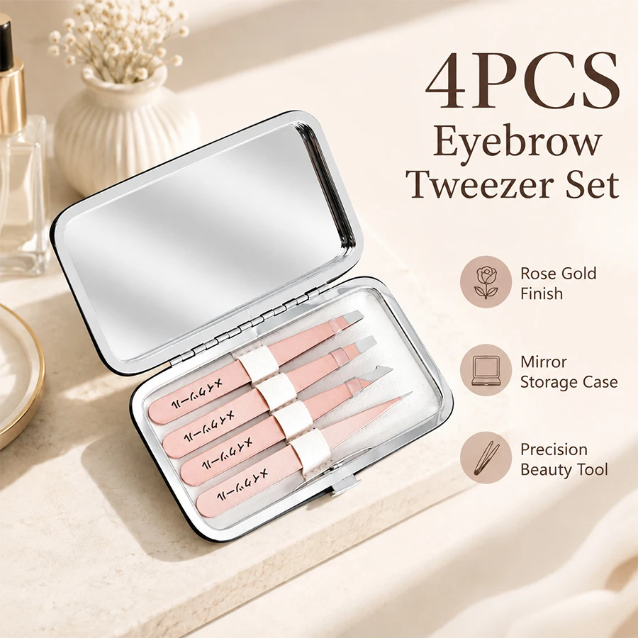 4PCS Eyebrow Tweezers Set Rose Gold Finish With Mirror Case Precision Brow Hair Remover Makeup Accessory