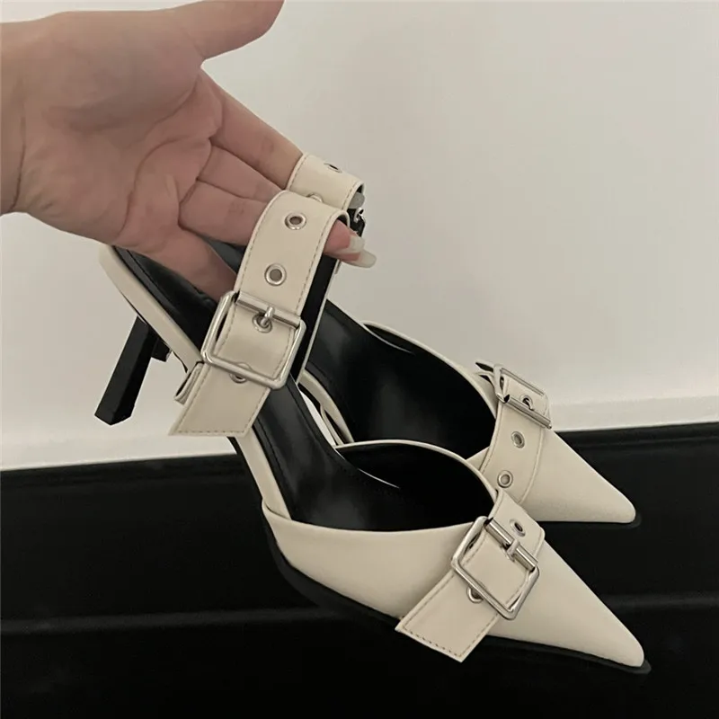 Punk Goth Metal Buckle High Heels Sandals Women Summer Pointed Toe Silver Party Shoes Woman Korean Style Thin Heels Sandals