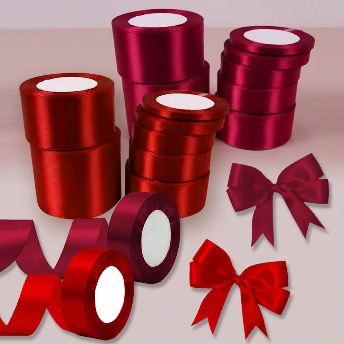 (25 yardas/rollo) cinta de raso roja/Borgoña de 6-40mm para el Día de San Valentín, Navidad, regalo de boda, manualidades, lazos hechos a mano