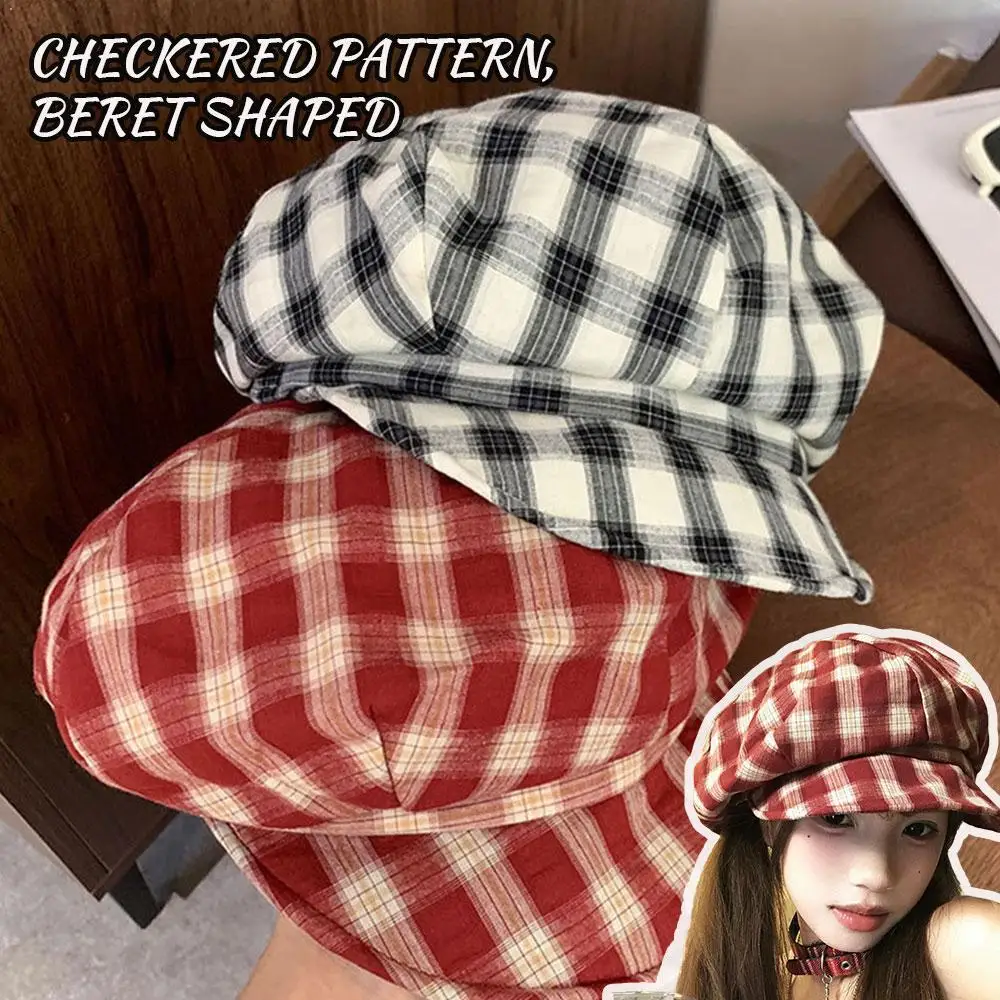 Korean Retro Plaid Beret Hat for Women Y2K Contrast Color Checked Beanie Cap Summer Autumn Travel Versatile Face Slimming Hat