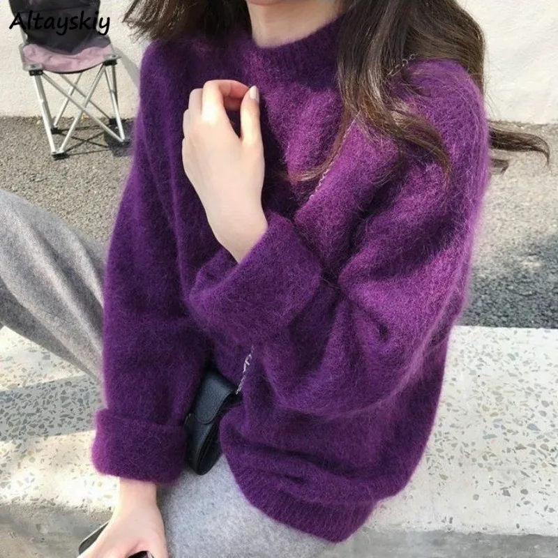 Purple Pullovers for Women Long Sleeve Warm Fashion Minimalist Chic Solid Cool Girls High Street New Spring Autumn Korean Style