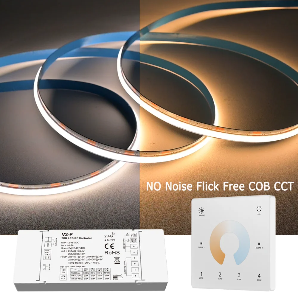 no-noise-10m-20m-cob-cct-led-strip-24v-high-density-dimmable-room-light-4-zone-rf-touch-remote-control-dual-white-2700k-6500k