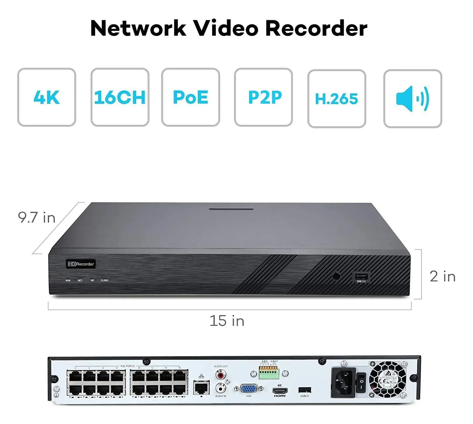 16CH POE 4K 12MP NVR AI VCA H.265 160M Bandwidth 2 SATA 10TB Hard Disk Max Network Video Recorder CCTV System