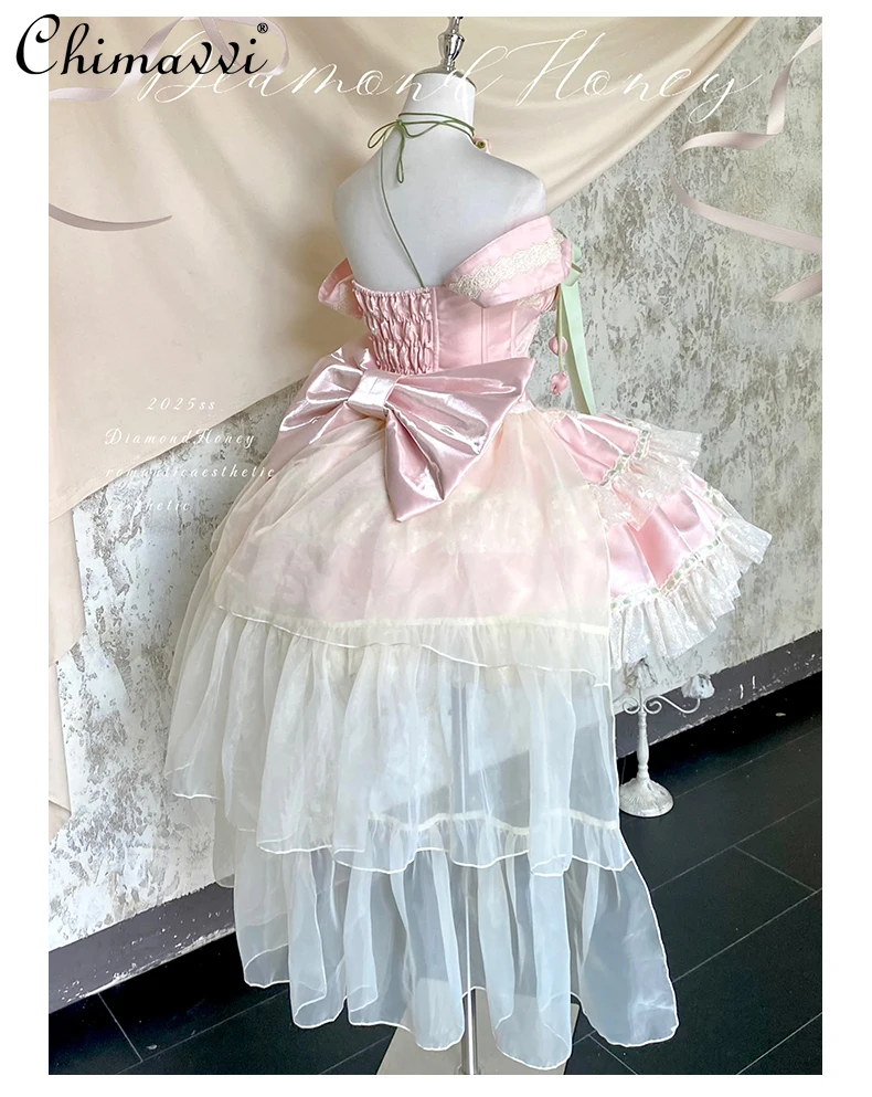 Princess Style Super Fairy Slash Shoulder Dress 2025 Summer New Sweet Girl Women's Lolita Lace Birthday Party Puffy Dresses