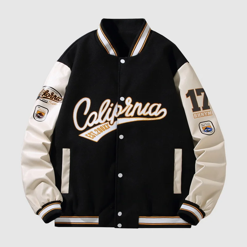 

American retro woolen baseball uniform Men jackets PU sleeve casual coats women's trend oversized loose obese chaquetas hombre