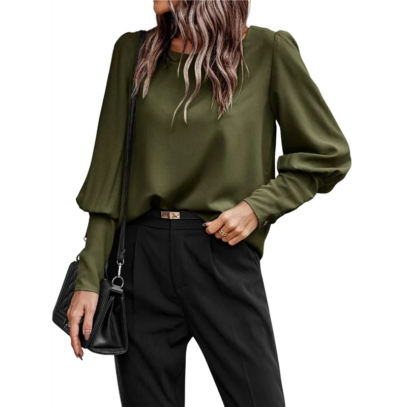

NEW-Women's Long-Sleeved Round Neck Top Autumn And Winter Elegant Commuting Back Button Shirt