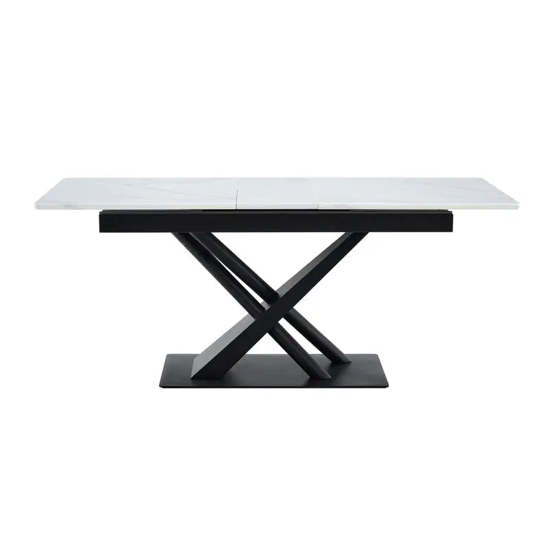 طاولة طعام حديثة مع سطح قشرة MDF من الرخام الأبيض وأرجل معدنية بإطار X هندسي، قاعدة قوية للمطبخ المعاصر أو #4