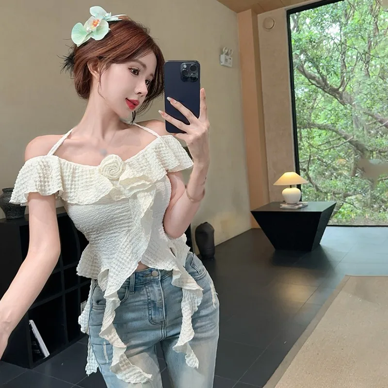 Summer Woman Floral Irregular Camisole Korean Fashion Ruffle Tops Elegant Temperament Sweet Korean Style Ladies Tops