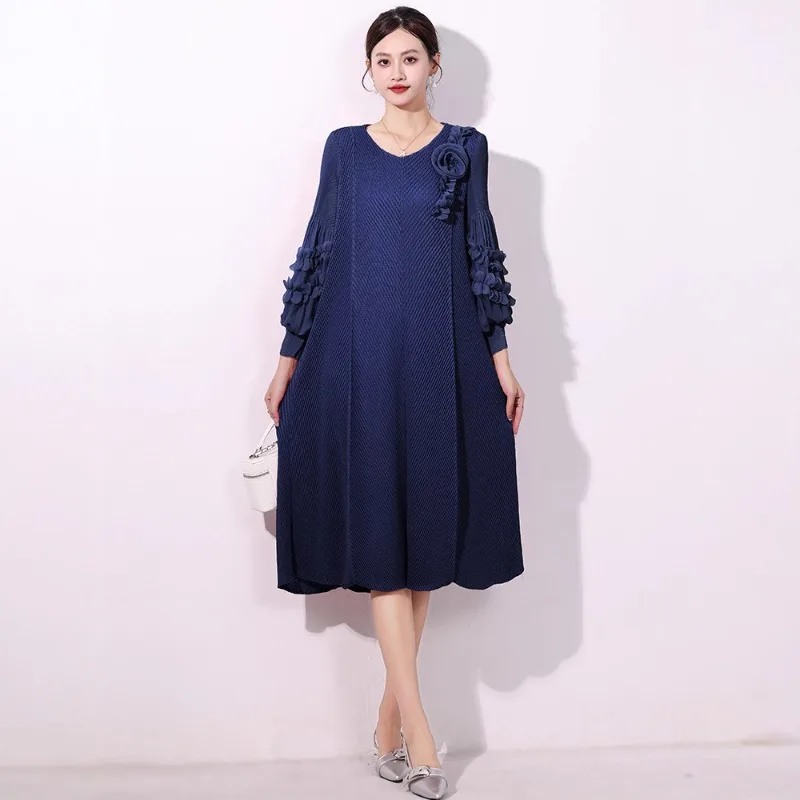 

Miyake, летнее новое модное однотонное плиссированное длинное свободное тонкое платье большого размера с трехмерными цветами, одежда на Ближнем Востоке