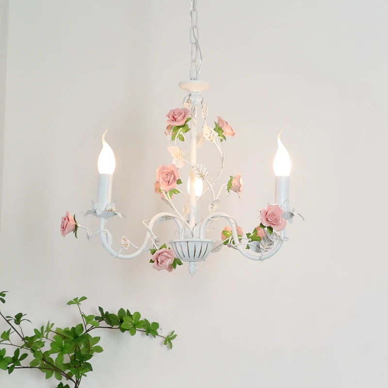 Rural Bedroom Chandelier French Living Room Children's Room Iron Flowers Plants Warm American Retro Fresh Ceramic Pendant Lamps