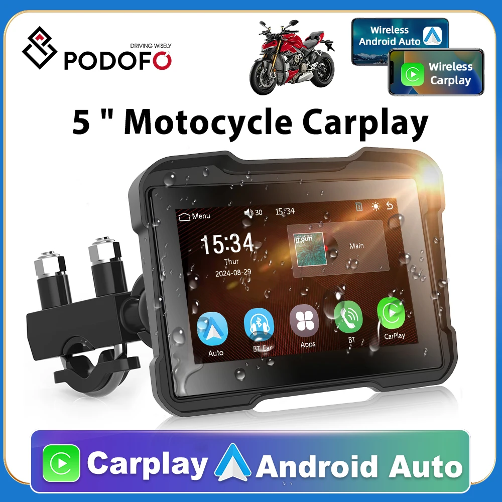 Podofo 5in Motocycle Wireless CarPlay Player Android Auto Multimedia Player BT Navigation 2din Autoradio Intelligent System FM