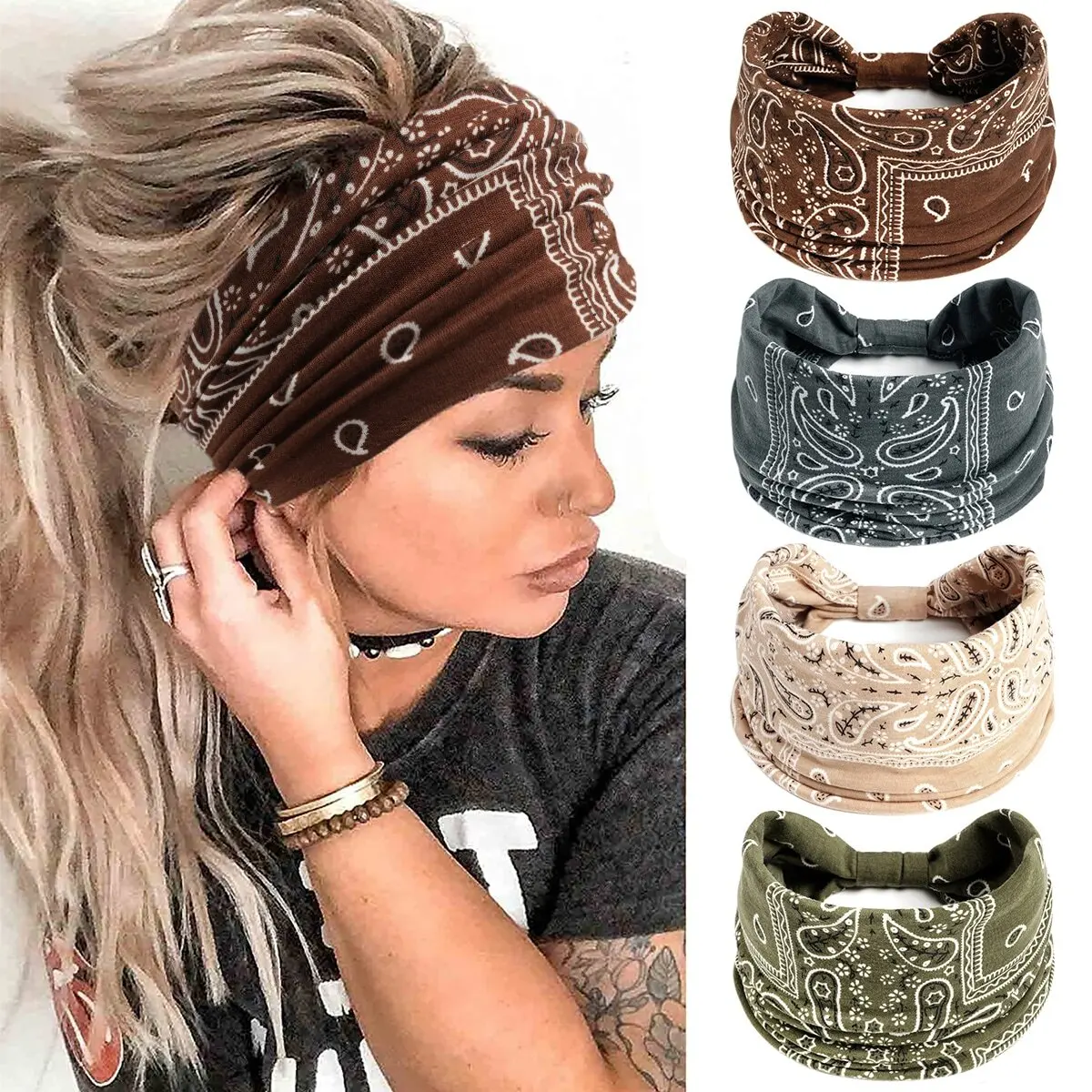 

4-Pack Soft Stretch Paisley Print Headbands for Women Girls Boho Turban Style Hair Accessories
