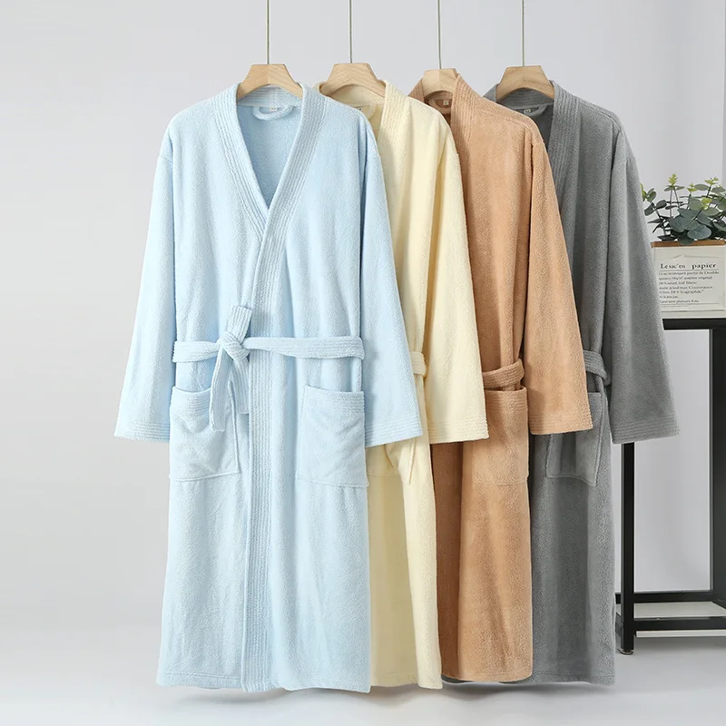 2024 Autumn Winter Men Women Solid Robe Male Fleece Bathrobe Long Sleeve Top Quality Gown Men Casual Simple Peignoir Robe