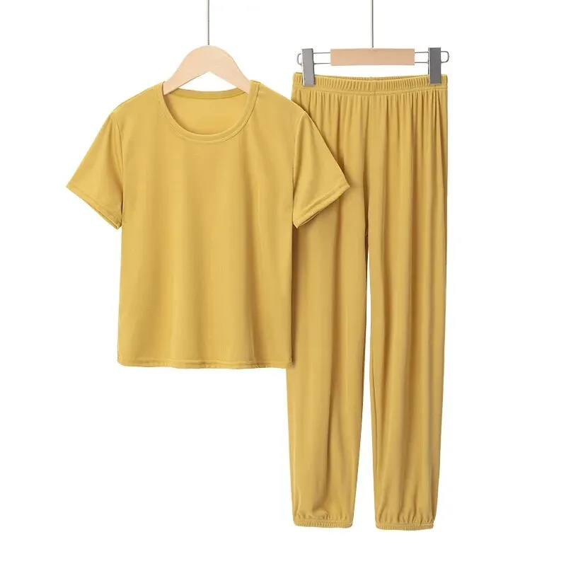 Boys and Girls Short-sleeved Trousers Suit Solid Color Comfortable Breathable Suit Big Boy Ice Silk 2-piece Set.