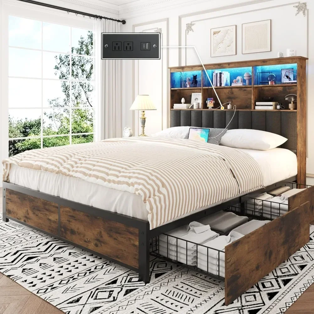 

Queen Bed Frame with High Storage Bookcase Headboard,4 Storage Drawers & Charging Station & LED,No Box Spring Needed/Noise